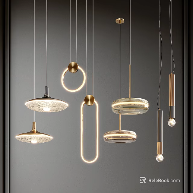 Modern Hanging Chandeliers With Illuminated Brass Rings Glass Shades And Diverse Geometric Designs 3d model 