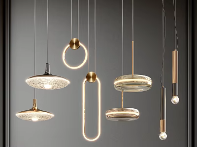 Modern Hanging Chandeliers With Illuminated Brass Rings Glass Shades And Diverse Geometric Designs 3d model