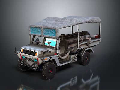 Off Road Utility Vehicle With Canvas Canopy Open Top Large Tires And Front Lights 3d model