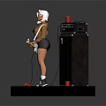 Woman Standing Playing Bass Guitar Next To Black Amplifier With Red Cup On Wooden Platform