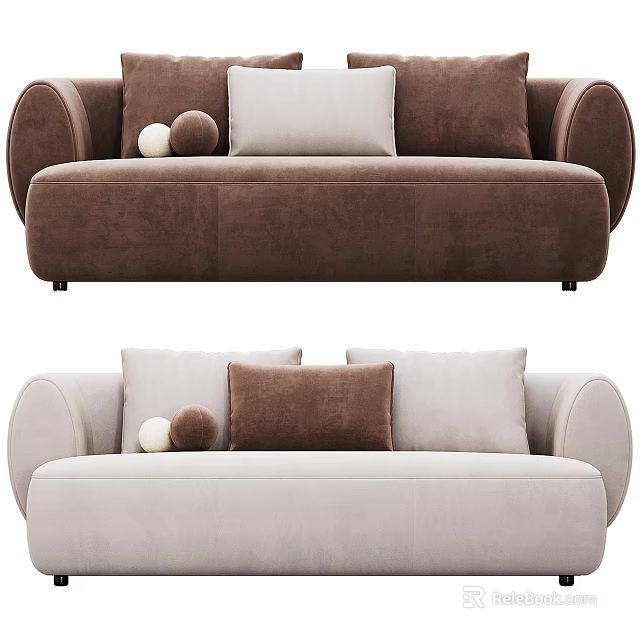 Modern Minimalist Double Sofa in Brown and Beige with Decorative Pillows 3d model 