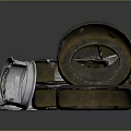 Multiple Old Car Tires With Metal Rims Stacked On Dark Background Surface