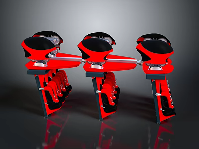 Three Red and Black Mechanical Devices With Structured Components And Reflective Bases 3d model