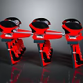 Three Red and Black Mechanical Devices With Structured Components And Reflective Bases