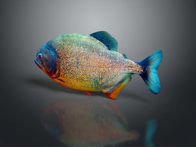 Vibrant Colorful Tropical Fish With Shiny Scales And Blue Tail On Reflective Surface 3d model
