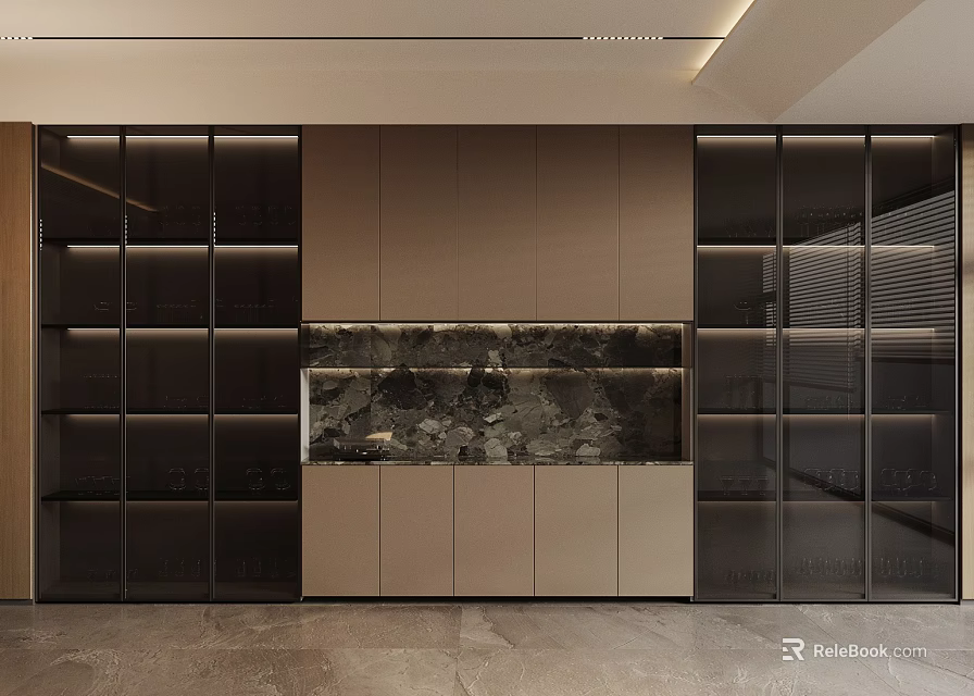 Elegant Modern Kitchen Sideboard With Glass Cabinets And Marble Accent 3d model