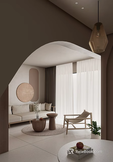 Stylish Warm Minimalist Living Room With Unique Arched Decor Comfortable Sofa And Soft Sheer Curtains 3d model 