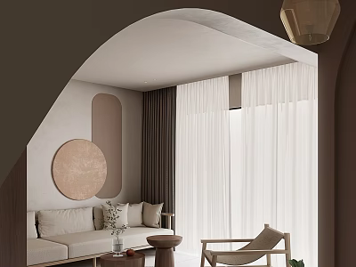 Stylish Warm Minimalist Living Room With Unique Arched Decor Comfortable Sofa And Soft Sheer Curtains 3d model