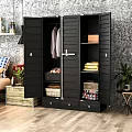 Modern Black Wardrobe With Slatted Doors Hanging Clothes Storage Baskets And Drawers