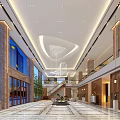 Elegant Hotel Lobby With Two Story Ceiling Chandelier Wooden Panels And Marble Flooring