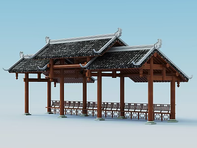 Traditional Chinese Wooden Pavilion With Black Tiled Roof And Wooden Benches In Natural Garden 3d model
