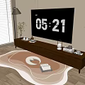 Modern Wooden Console Table With TV Decor Plants And Rug In Living Room