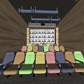 Cinema Interior With Colorful Seats Wooden Walls And Blue Ceiling Beams