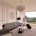 Modern Elegant Living Room Interior With Gray Sofa Crystal Chandelier Artwork Round Ottomans And Plants