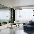 Modern Living and Dining Area Interior With Blue Sofa White Curtains And Large Plant