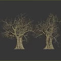 Four Leafless Trees With Thick Trunks And Slender Branches On Gray Gradient Background With Reflections