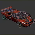 Worn Red Modified Cyberpunk Style Sports Car Featuring Spoiler And Unique Exterior