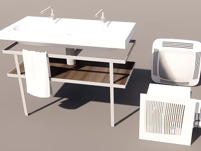 Modern White Washbasin With Double Faucets Wooden Shelf And Hanging Towel 3d model