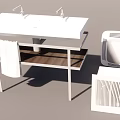 Modern White Washbasin With Double Faucets Wooden Shelf And Hanging Towel
