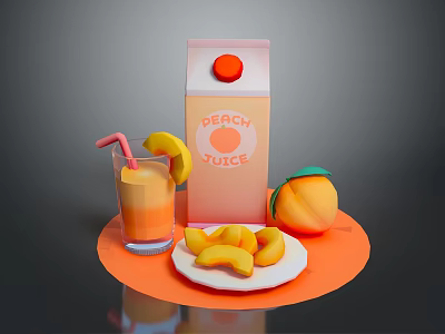Fresh Peach Juice Carton With Glass Of Juice Straw And Sliced Peaches On Plate 3d model