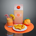 Fresh Peach Juice Carton With Glass Of Juice Straw And Sliced Peaches On Plate
