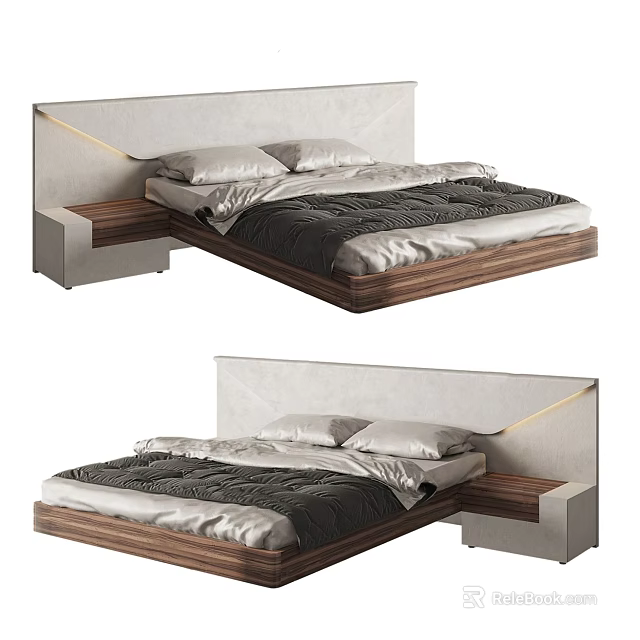 Modern Double Bed With LED Headboard Wooden Frame And Comfortable Mattress 3d model 