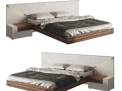 Modern Double Bed With LED Headboard Wooden Frame And Comfortable Mattress 3d model