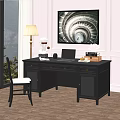 Dark Wood Desk With Laptop Table Lamp Books Sculpture And Wall Art