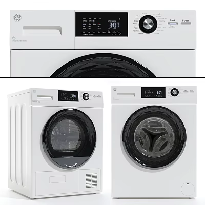 Modern White Washing Machine With Digital Display Control Panel And Black Door Design 3d model
