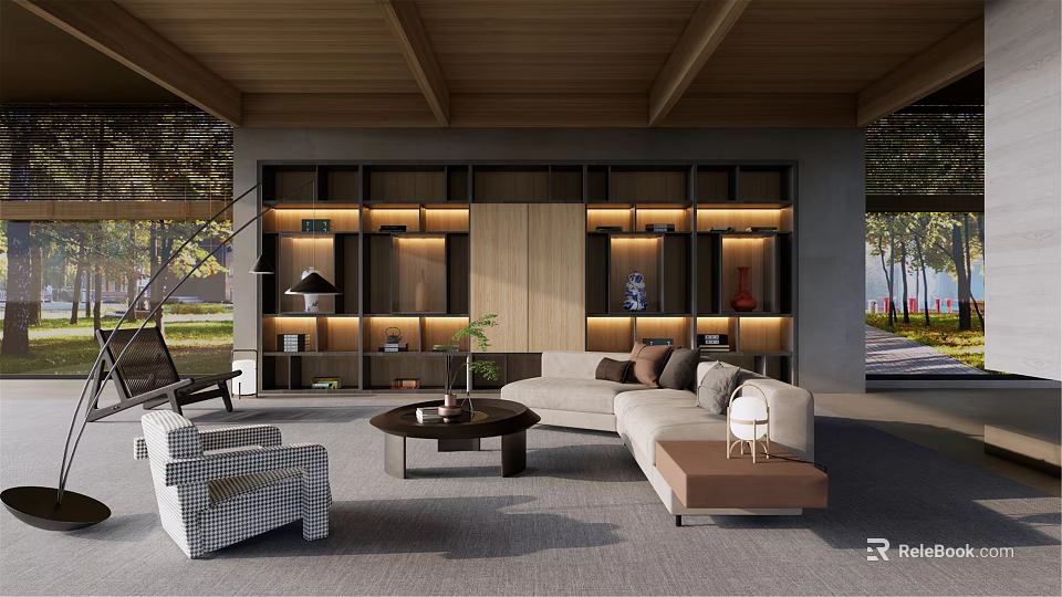 Modern Living Room Interior With Wooden Ceiling Open Shelves Sofa And Coffee Table 3d model 
