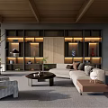 Modern Living Room Interior With Wooden Ceiling Open Shelves Sofa And Coffee Table