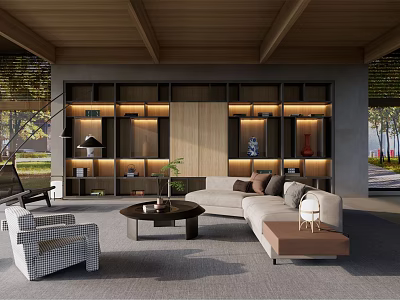 Modern Living Room Interior With Wooden Ceiling Open Shelves Sofa And Coffee Table 3d model