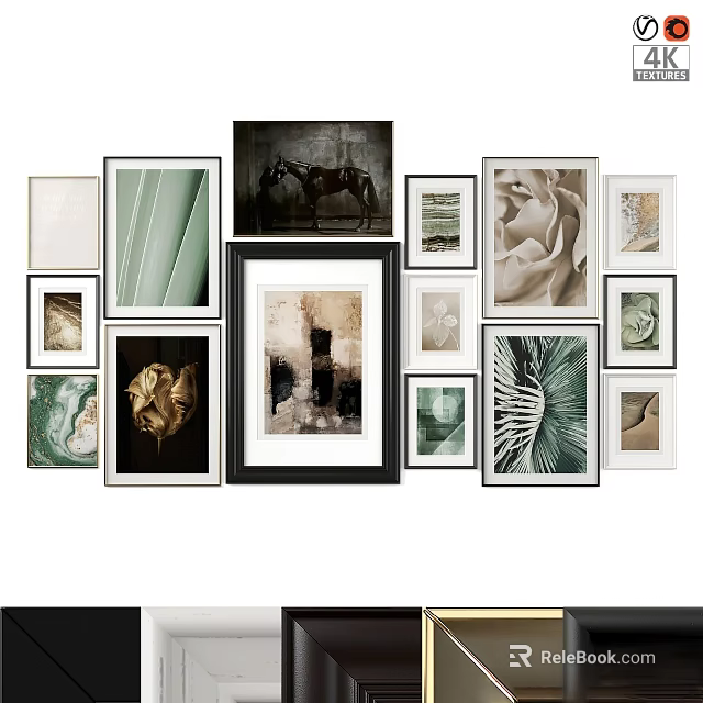 Assorted Picture Frames with Various Art Prints and Diverse Sizes on White Wall 3d model 