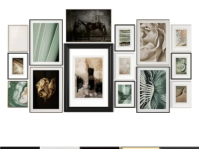 Assorted Picture Frames with Various Art Prints and Diverse Sizes on White Wall 3d model