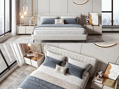 Modern Bedroom Interior With Double Bed Upholstered Headboard Nightstands Wall Art And Hanging Lights 3d model