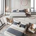 Modern Bedroom Interior With Double Bed Upholstered Headboard Nightstands Wall Art And Hanging Lights