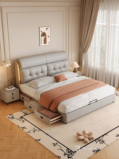 Modern Bedroom With Grey Upholstered Headboard Gold Accents Nightstands Table Lamps And Storage Drawers 3d model 