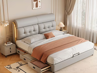 Modern Bedroom With Grey Upholstered Headboard Gold Accents Nightstands Table Lamps And Storage Drawers 3d model