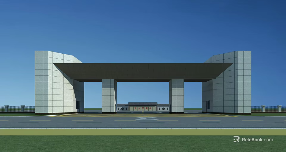 Modern Entrance Gate Architectural Design With White Walls Extended Canopy And Green Lawn 3d model 