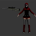 Woman in red hood white mask gray top with sniper rifle and red studded boots