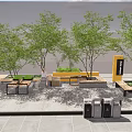 Tree Pits With Lush Green Trees And Wooden Benches In Urban Public Space