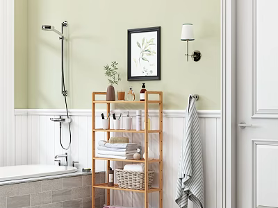 Light Green Wall Bathroom Bamboo Storage Shelf With Towels Toiletries And Potted Plant 3d model