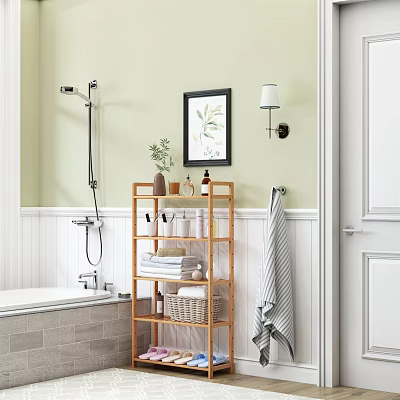 Light Green Wall Bathroom Bamboo Storage Shelf With Towels Toiletries And Potted Plant 3d model