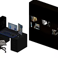 Modern Home Office Desk Setup With Dual Monitors Office Chair And Bookshelf