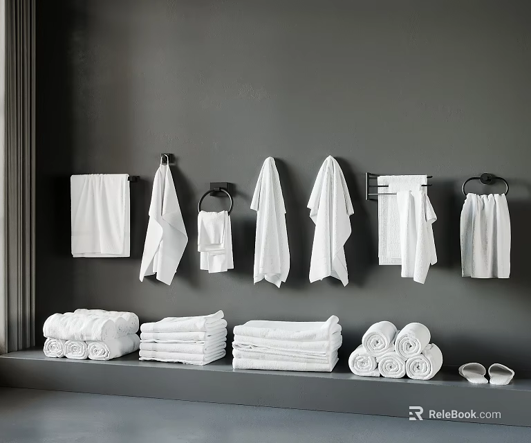 White Towels Organized Hanging on Gray Wall and Stacked with Rolled Towels and Slippers on Shelf 3d model 