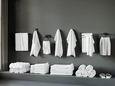 White Towels Organized Hanging on Gray Wall and Stacked with Rolled Towels and Slippers on Shelf 3d model