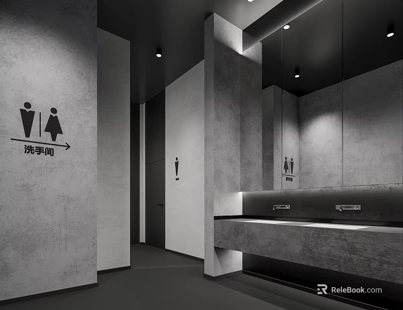 Modern Bathroom Interior With Concrete Walls Sink Counter Mirrors And Directional Signage 3d model 