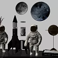 Decorative Space Themed Display With Astronaut Figures Rocket Model And Moon Prints 3d model
