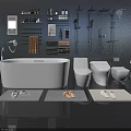 Freestanding White Bathtub in Modern Bathroom with Toilet Shower Fixtures Towels Slippers Storage Shelves and Mirror