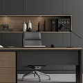 Modern Dark Wood Desk With Shelf Folders Table Lamp And Black Chair